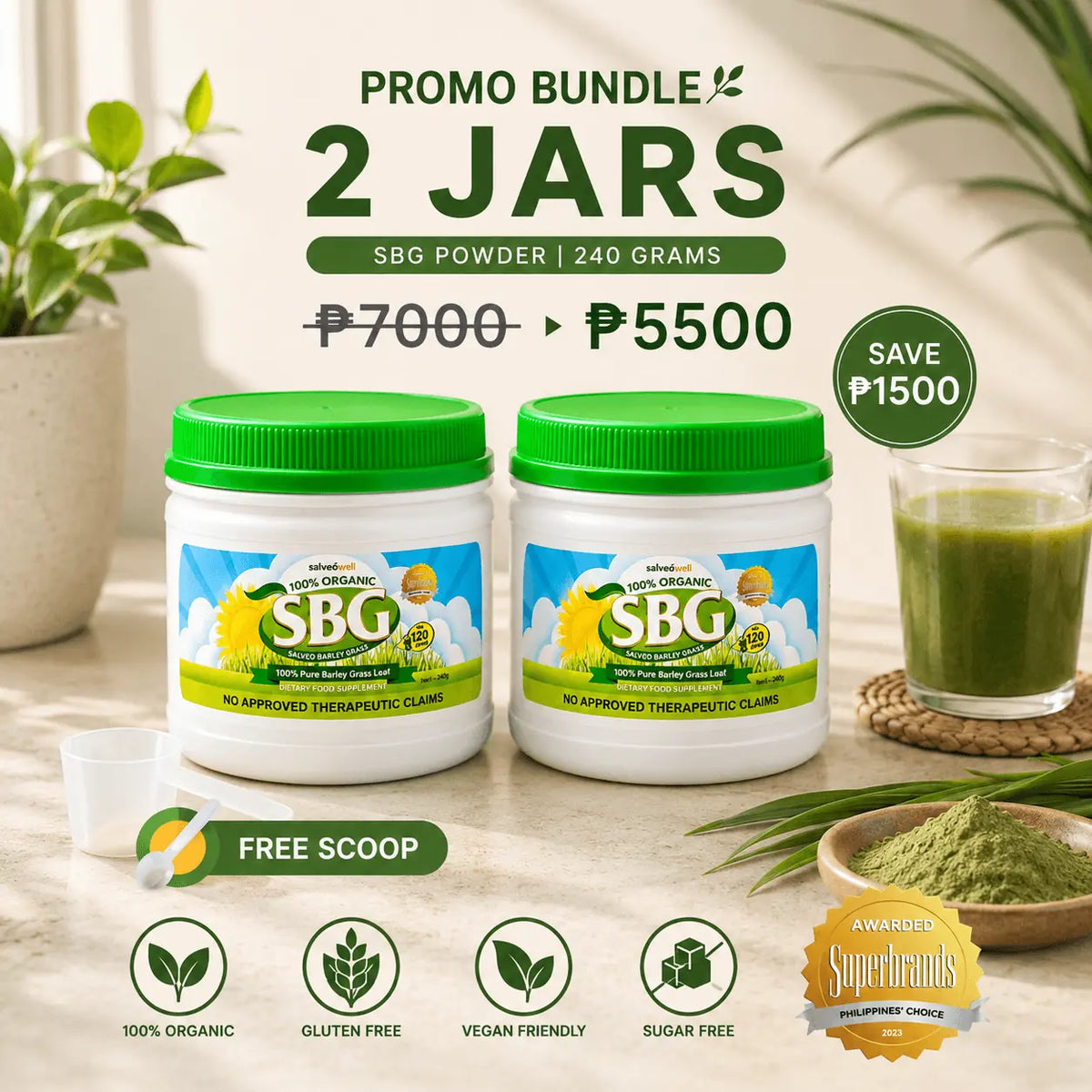 Two Salveo Barley Grass 240 gram jars