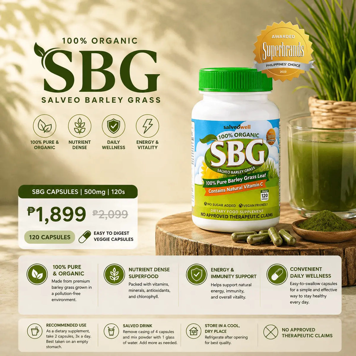 Salveo Barley Grass bottle with 120 capsules