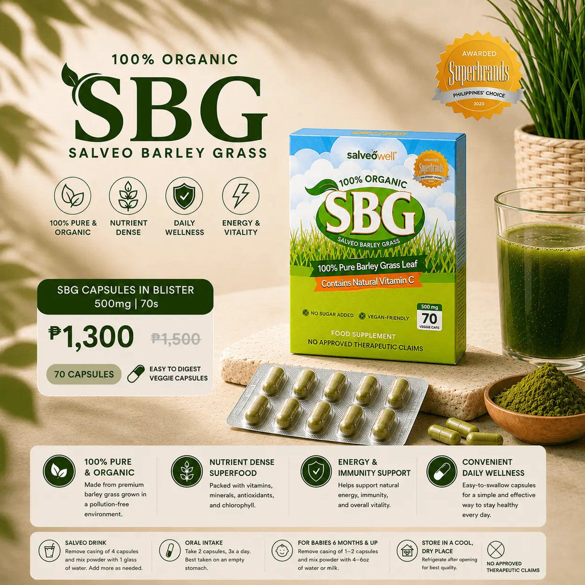 Salveo Barley Grass 70 capsules in blister packs